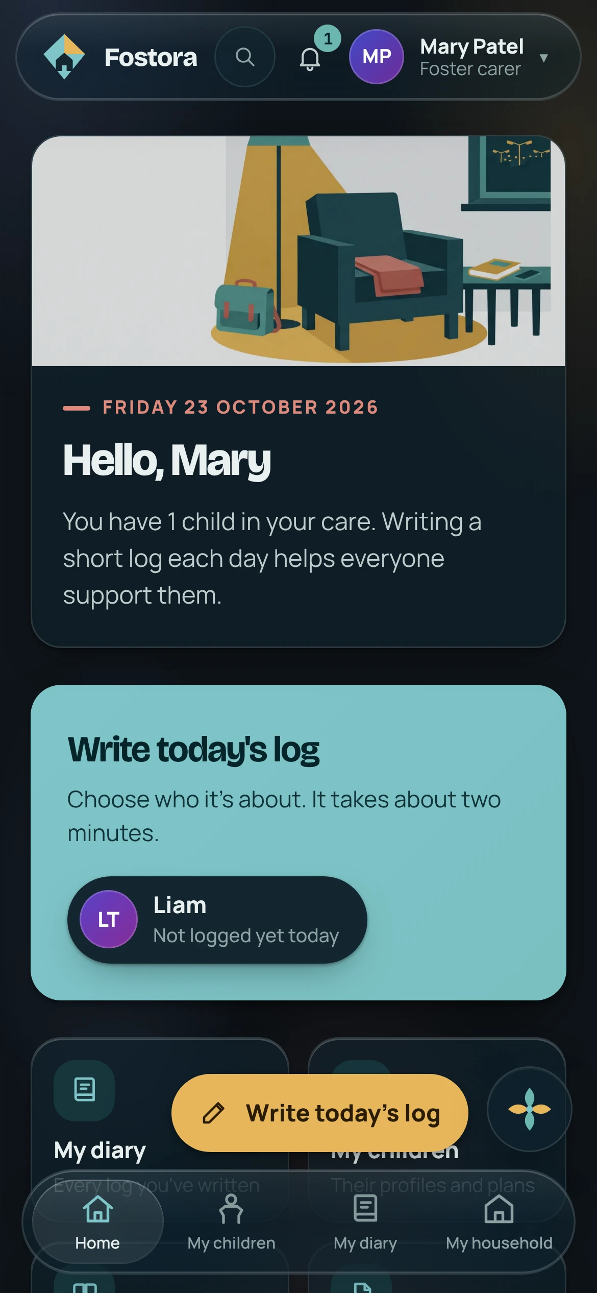 A foster carer's home screen in the dark Glass look