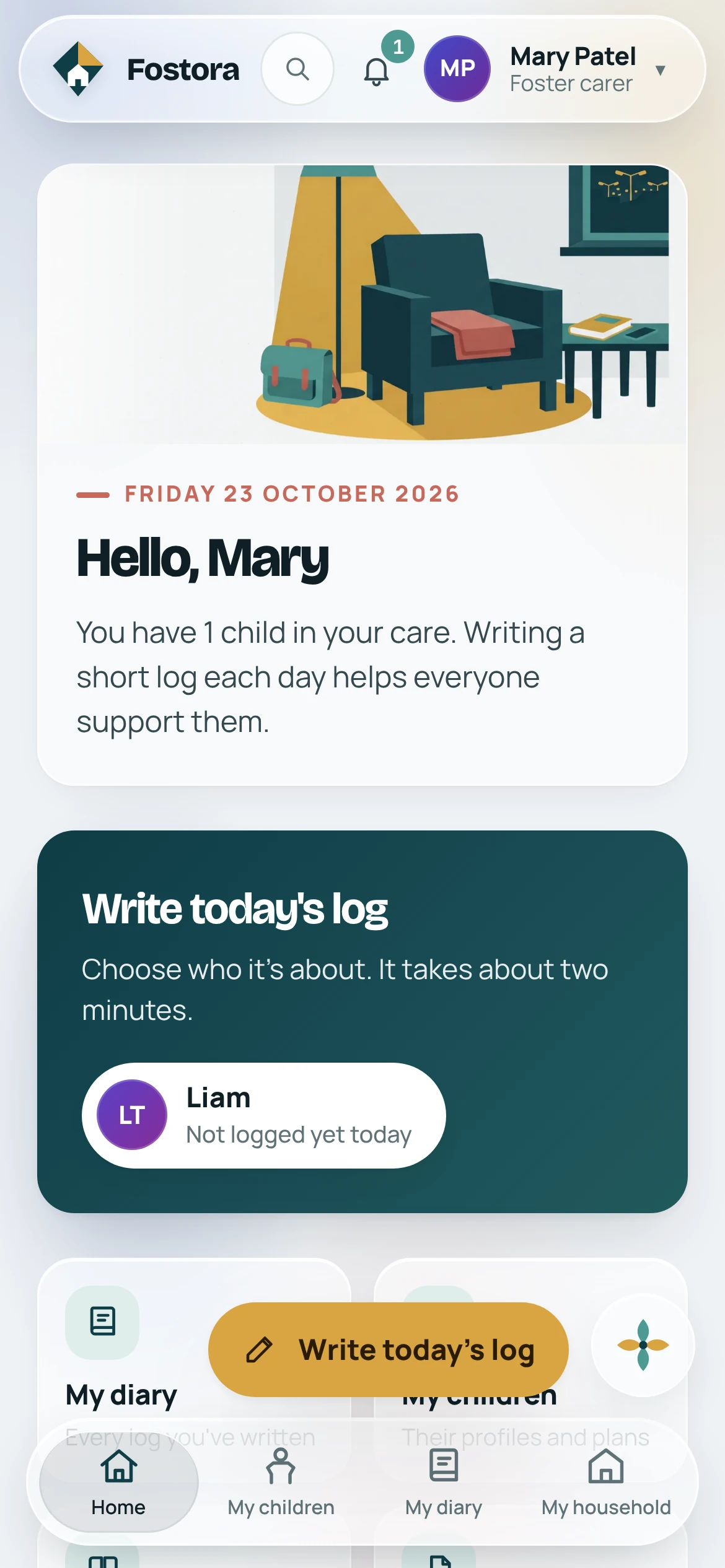 A foster carer's home screen with Write today's log